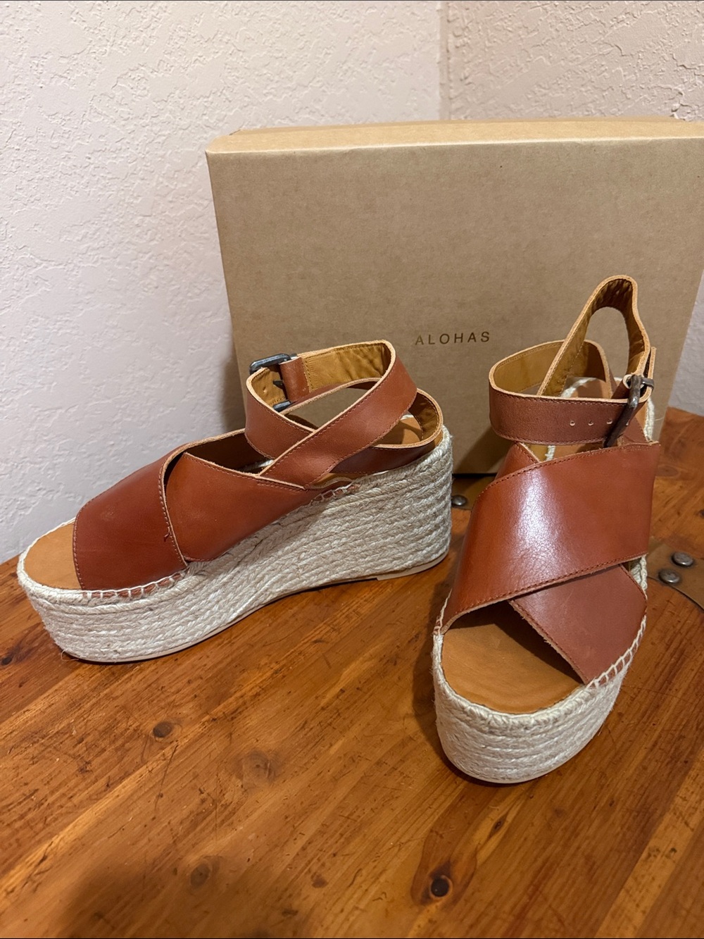 ALOHAS Tan Brown Leather Espadrille Platform Sandals Leather